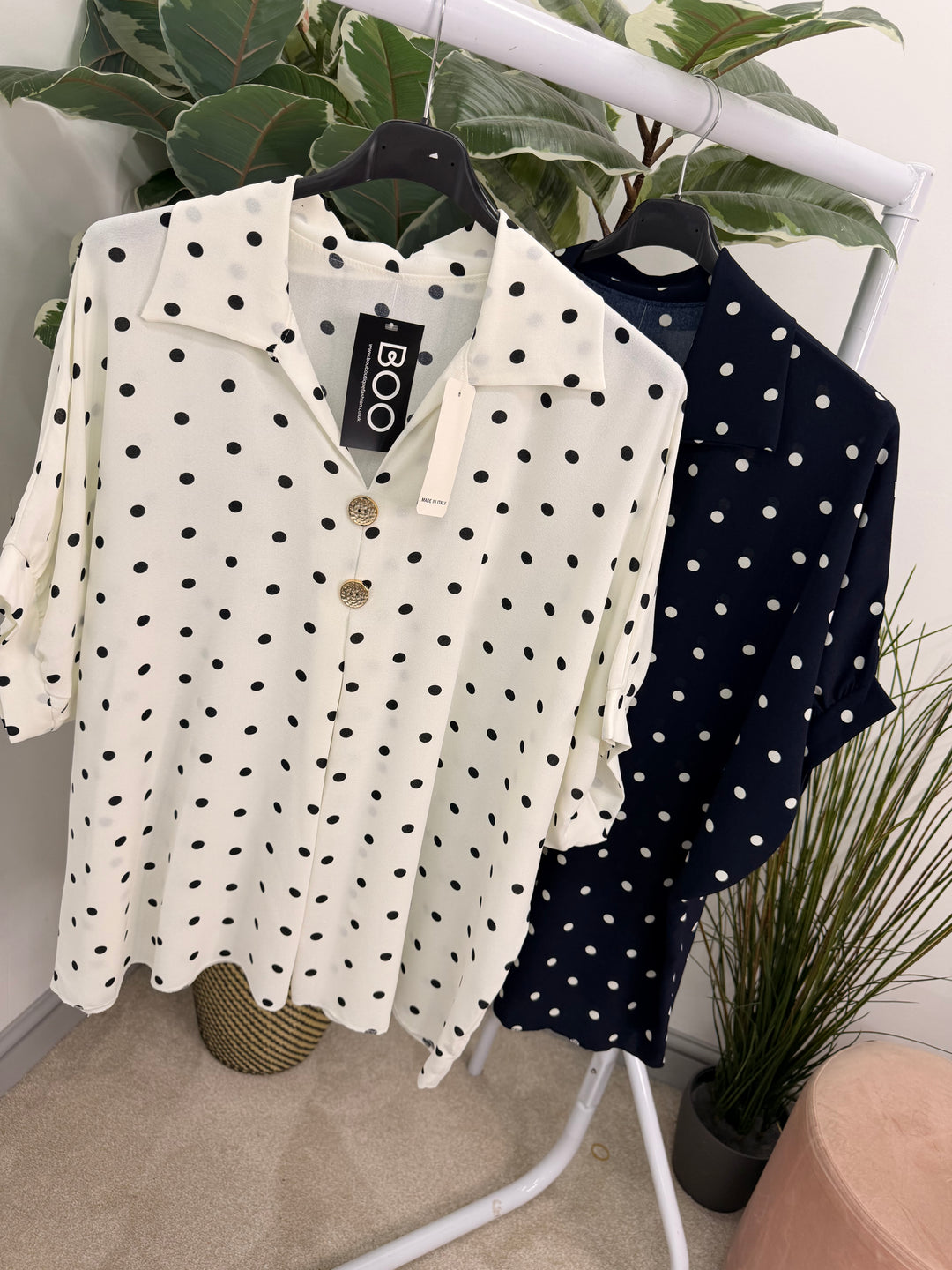 Ladies Curve Polka Dot Loose Fit Top - Navy & White 