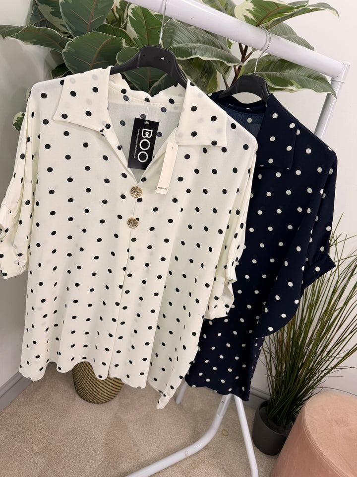 Ladies Curve Polka Dot Loose Fit Top - Navy & White 