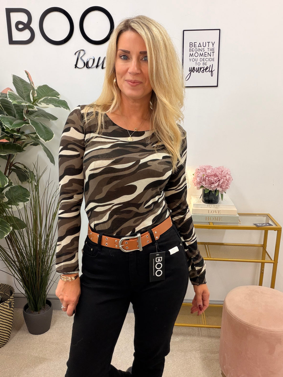 Womens sheer camouflage layer top - blue, khaki, navy & black