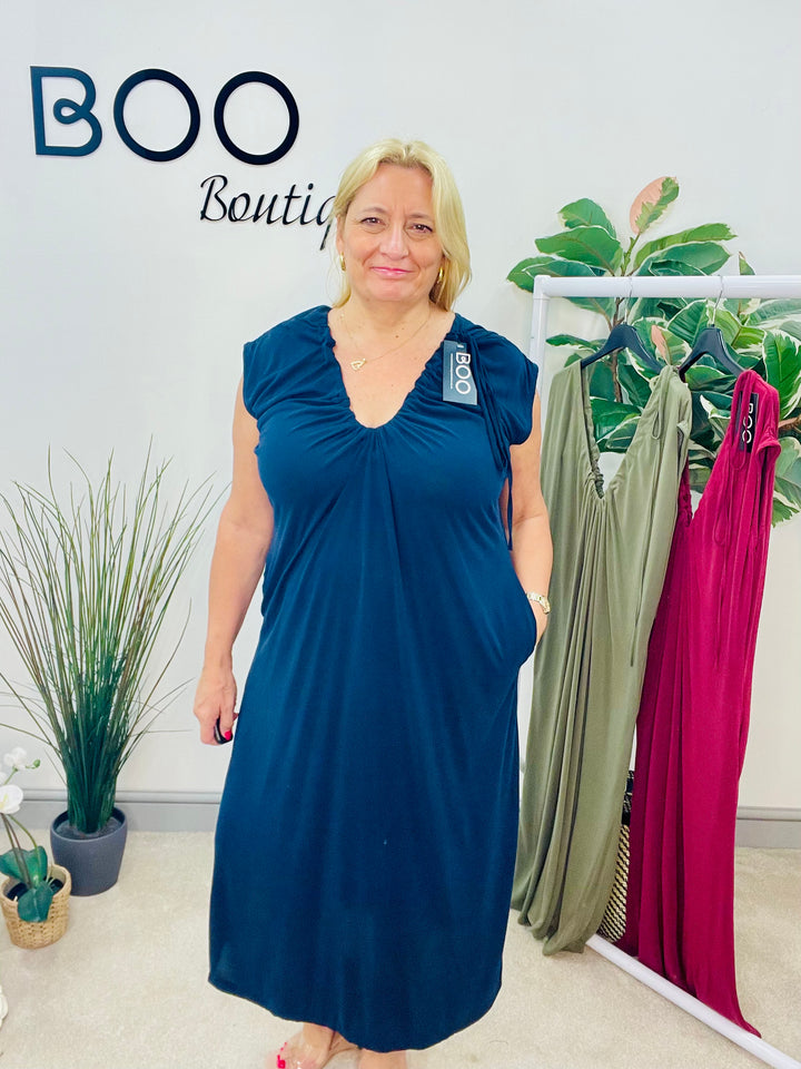 LADIES SILKY LOOSE FIT V NECK MAXI DRESS - BURGUNDY, NAVY & KHAKI