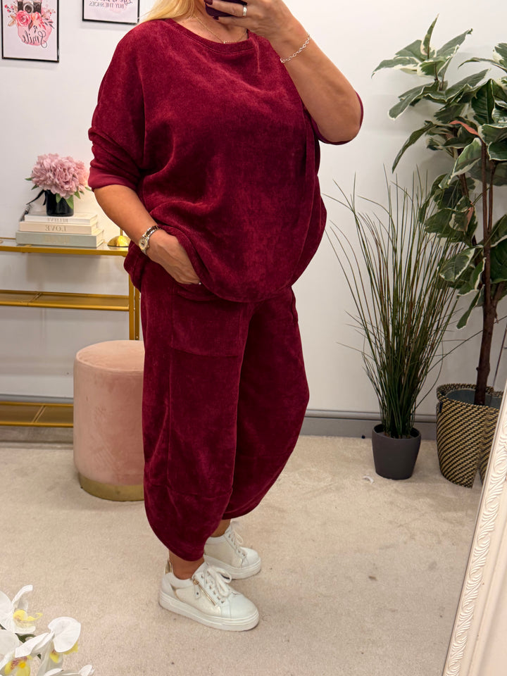 Womens chenille harem trouser two piece co ord set - black, wine, khaki & brown