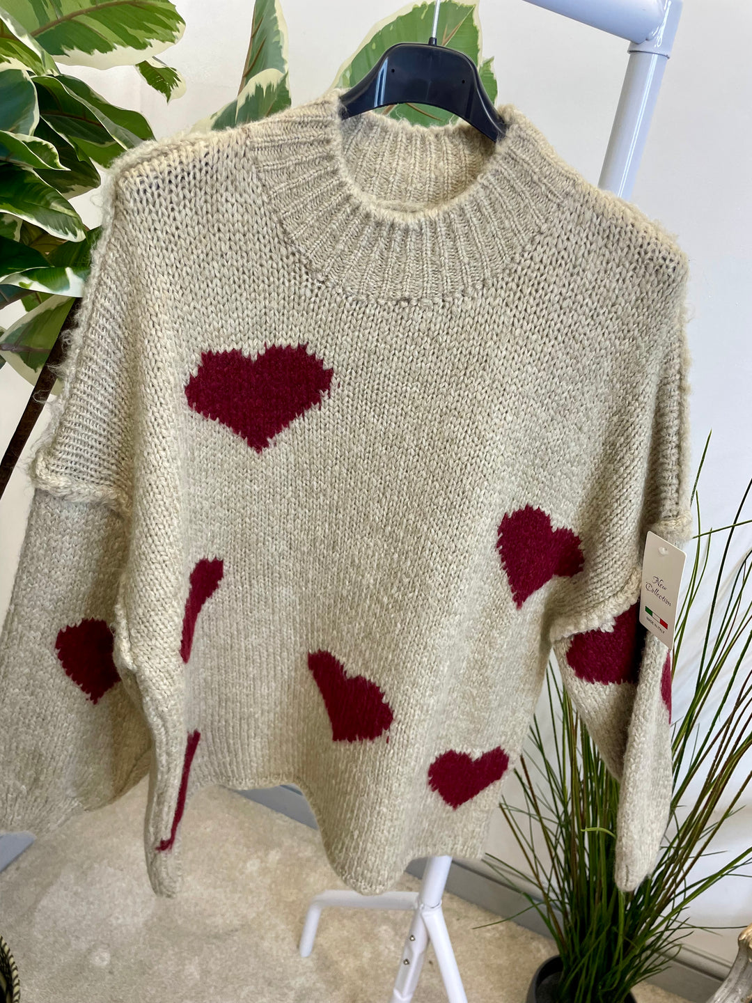 LADIES CHUNKY KNIT HEART JUMPER - MOCHA, BEIGE, BROWN & PINK