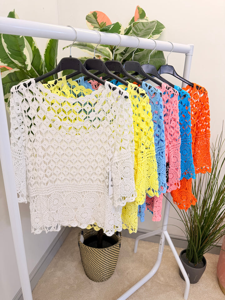 Ladies Crochet Summer Top - Pink, White, Turquoise, Blue, Lemon & Orange