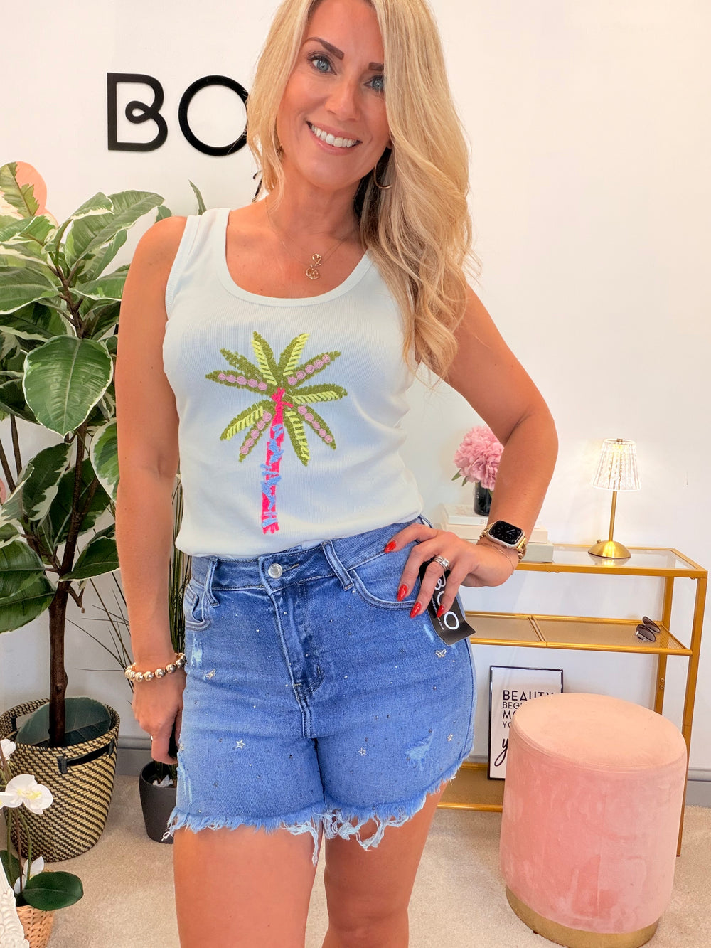 Ladies White Ribbed Palm Tree Vest Top