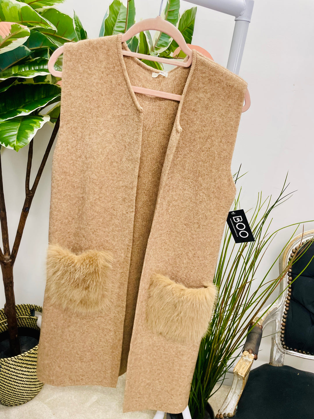 LADIES KNITTED LONGLINE SLEEVELESS CARDIGAN GILET - CAMEL, GREY & BLACK