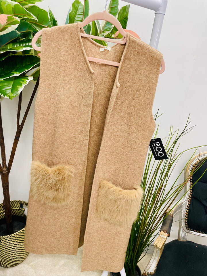 LADIES KNITTED LONGLINE SLEEVELESS CARDIGAN GILET - CAMEL, GREY & BLACK