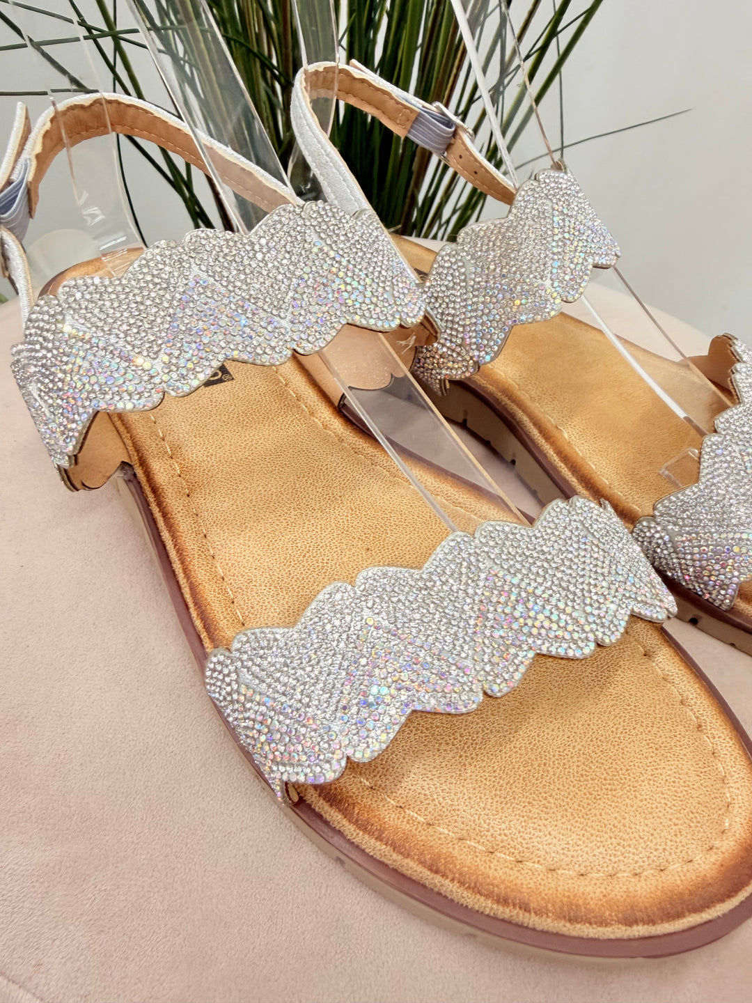 Ladies Diamante Two Strap Flatform Sandals - gold and silver