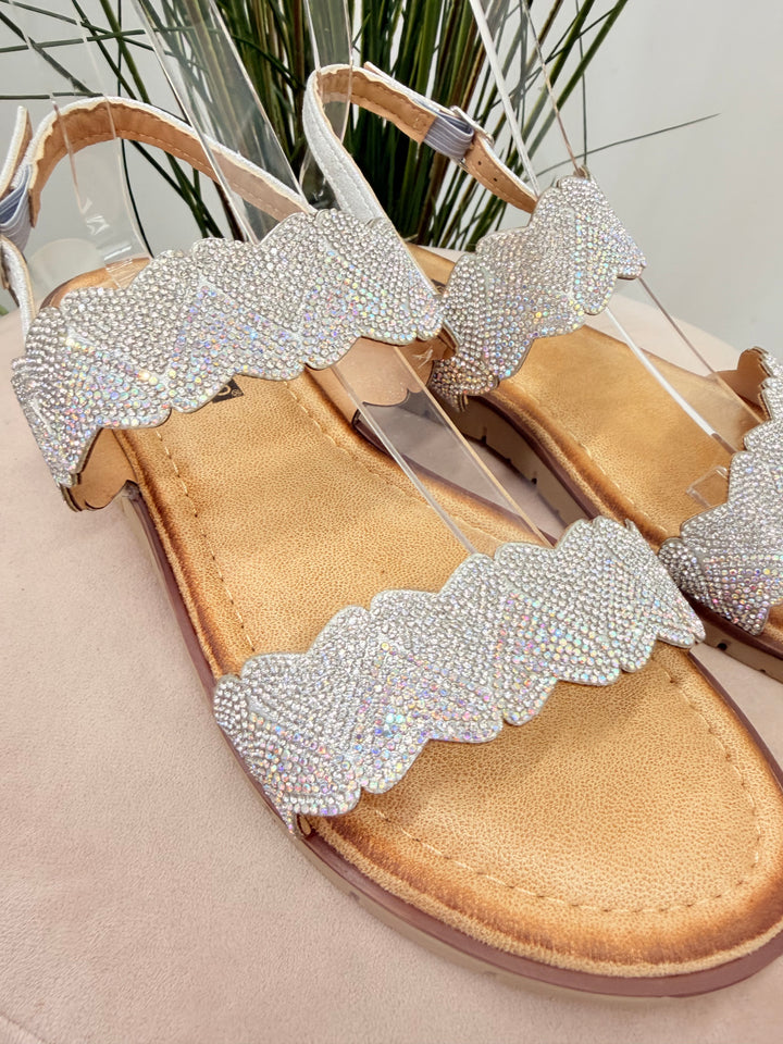 Ladies Diamante Two Strap Flatform Sandals - gold and silver