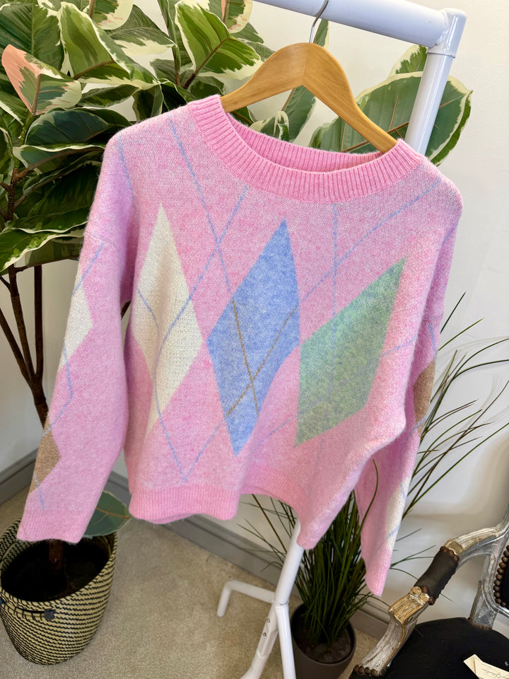 LADIES SOFT KNIT ARGYLE JUMPER - PINK, LEMON, BLUE, MINT & CREAM