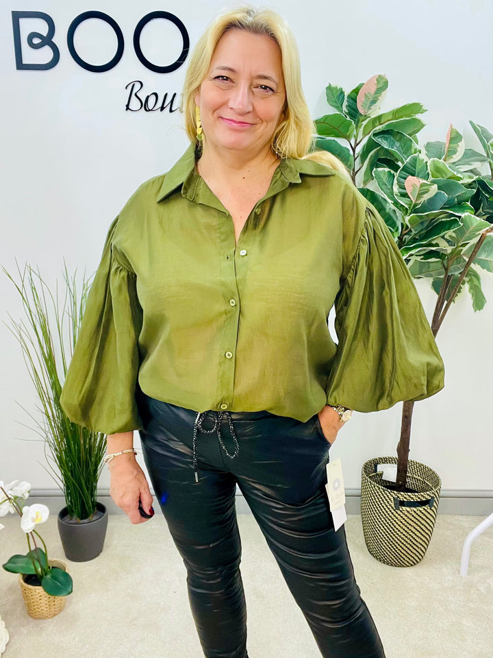 LADIES SHEER PUFF SLEEVE BLOUSE - OLIVE, BLACK, CREAM, TAUPE, WINE, BROWN