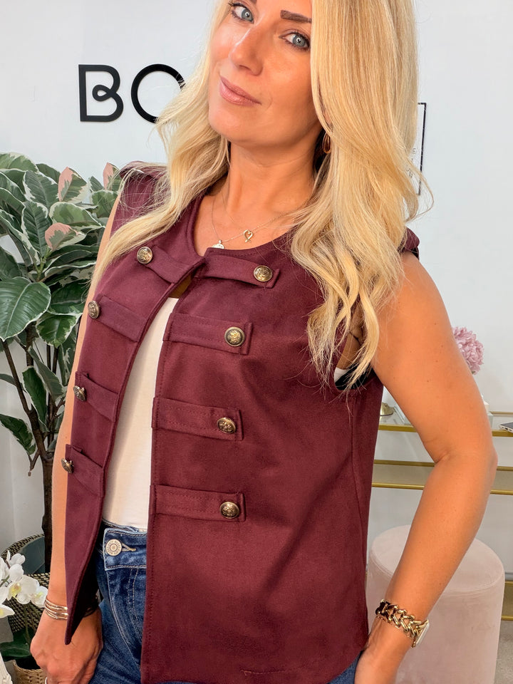 Ladies Fashion Faux Suede Military Waistcoat - Black, Navy, Beige & Wine