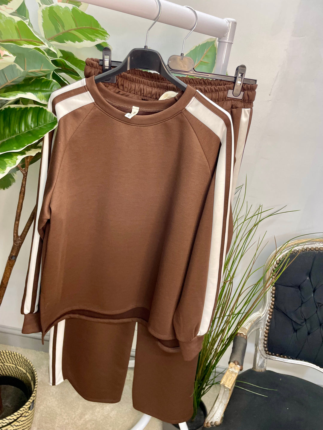 LADIES SPORTS LUXE STRIPE TROUSER CO ORD SET - BLACK, NAVY, KHAKI, MOCHA, BROWN