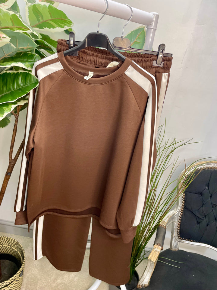 LADIES SPORTS LUXE STRIPE TROUSER CO ORD SET - BLACK, NAVY, KHAKI, MOCHA, BROWN