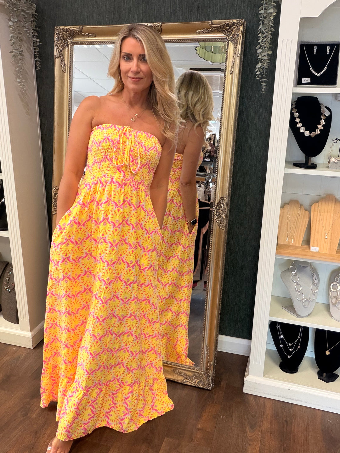 Ladies Fashion Summer Strapless Maxi Dress - Pink, Yellow, Orange, Green, Navy