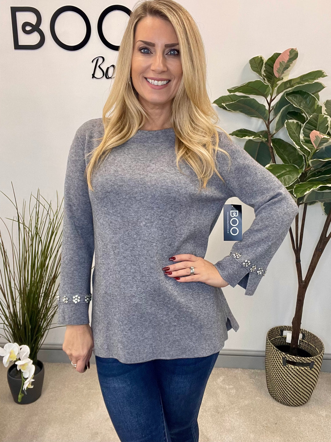 LADIES DIAMANTE JUMPER SWEATER - GREY & BLACK