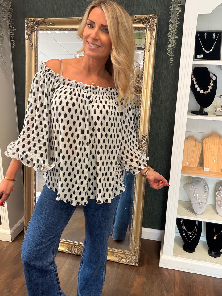 Ladies Pleated Polka Dot Bardot Top - White, Black, Navy & Beige