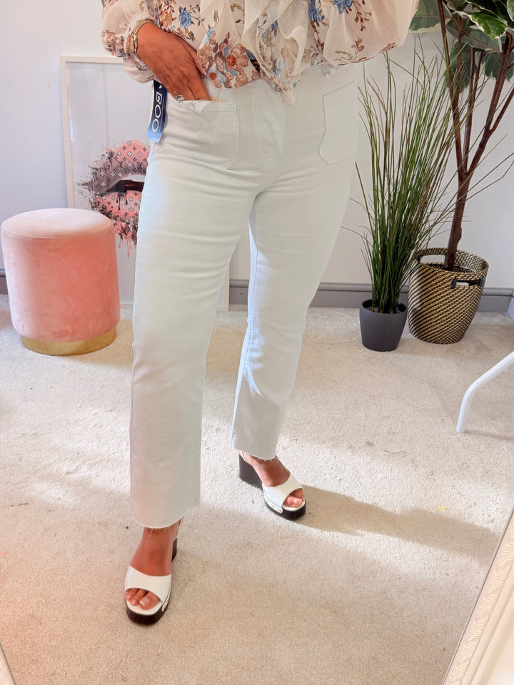 Ladies Fashion White Ankle Grazer Raw Edge Jeans