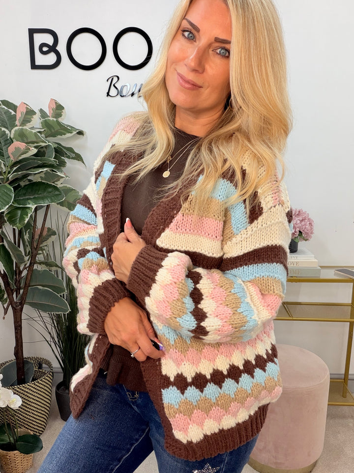 Ladies Fashion Beige Brown Blue Pink Stripe Chunky Knit Cardigan