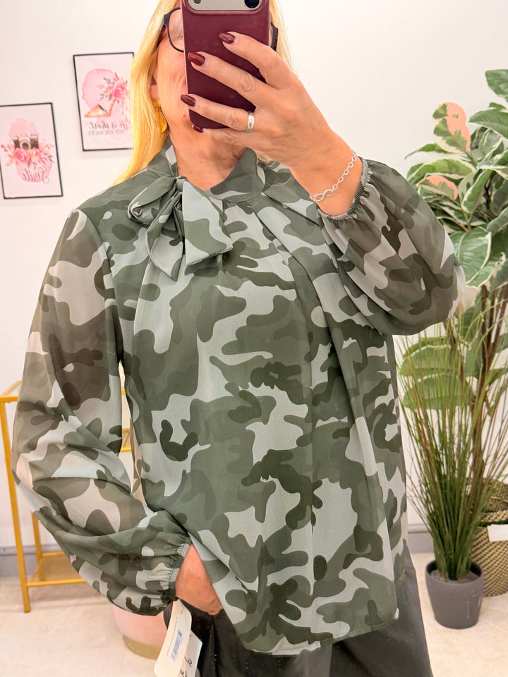 Womens sheer chiffon camouflage high neck blouse top