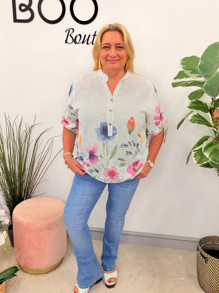 Ladies Fashion White Light Linen Flower Print Grandad Shirt Top