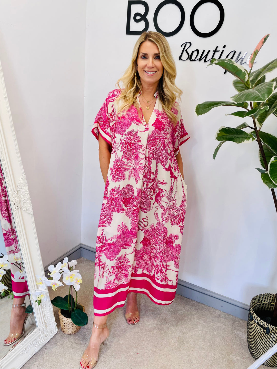 LADIES OVERSIZE JUNGLE PRINT LOOSE FIT SUMMER SHIFT DRESS - PINK, ORANGE, BLUE, NAVY