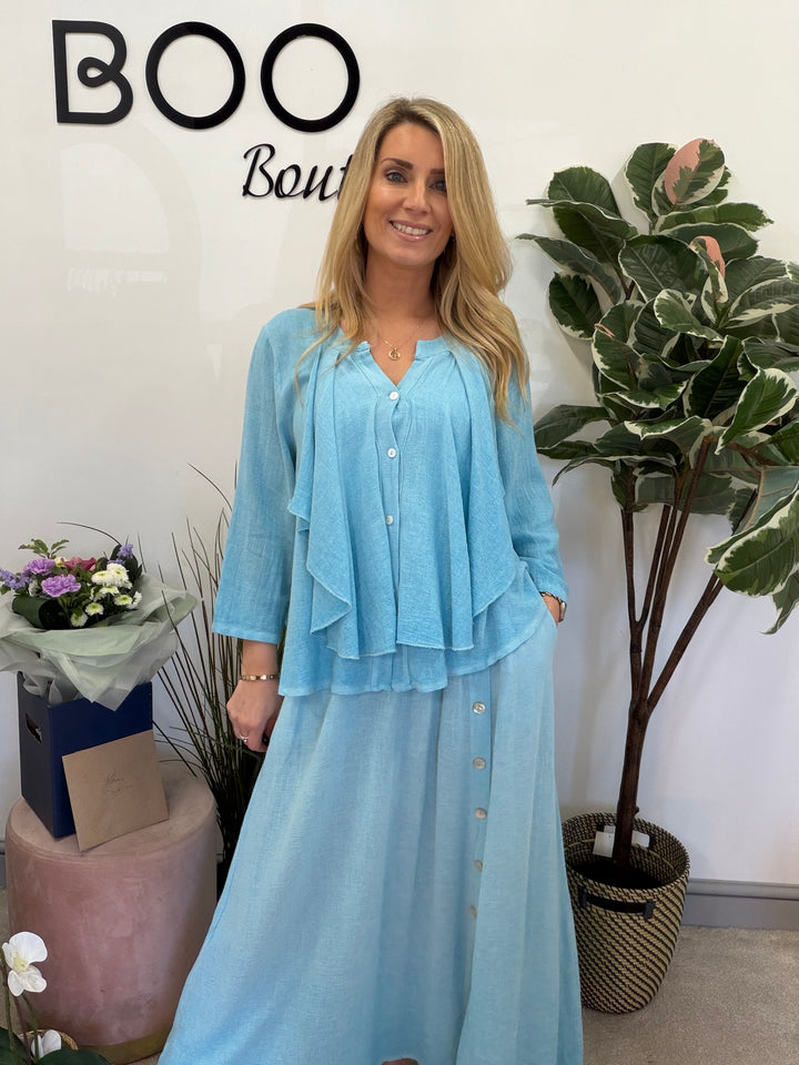 Ladies Fashion Waterfall Teabag Linen Top - lime, blue, turquoise, white, beige