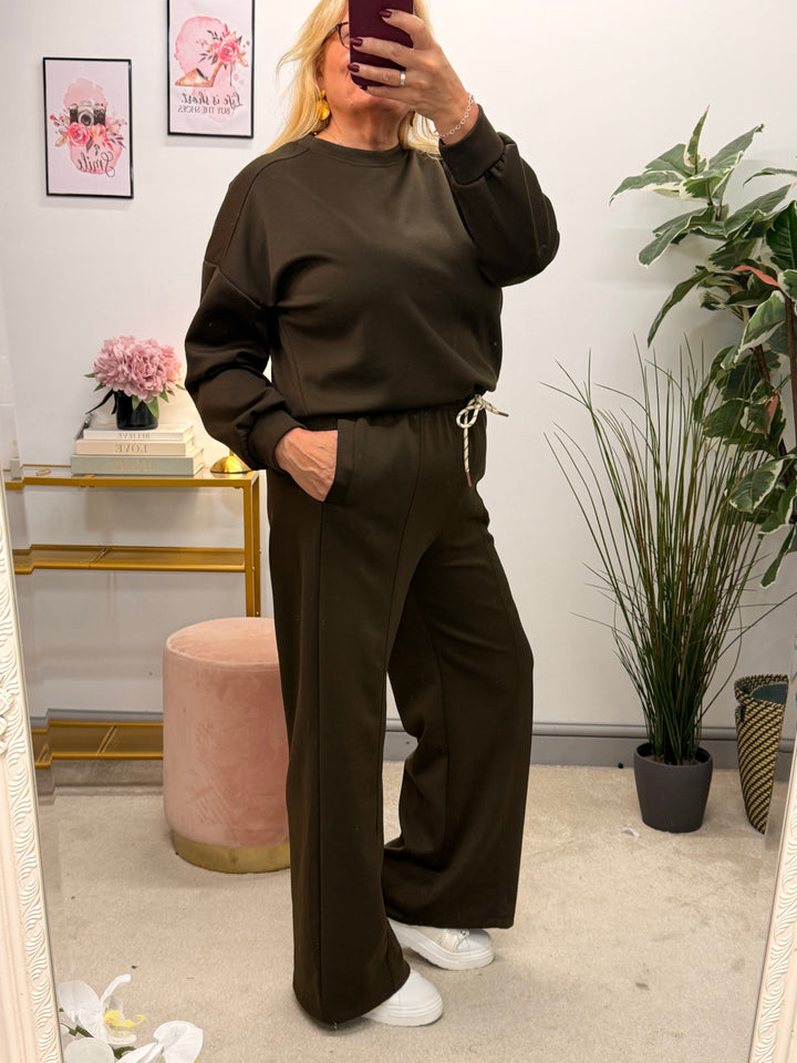 Womens fashion scuba trouser two piece co ord set - navy, black, khaki & brown