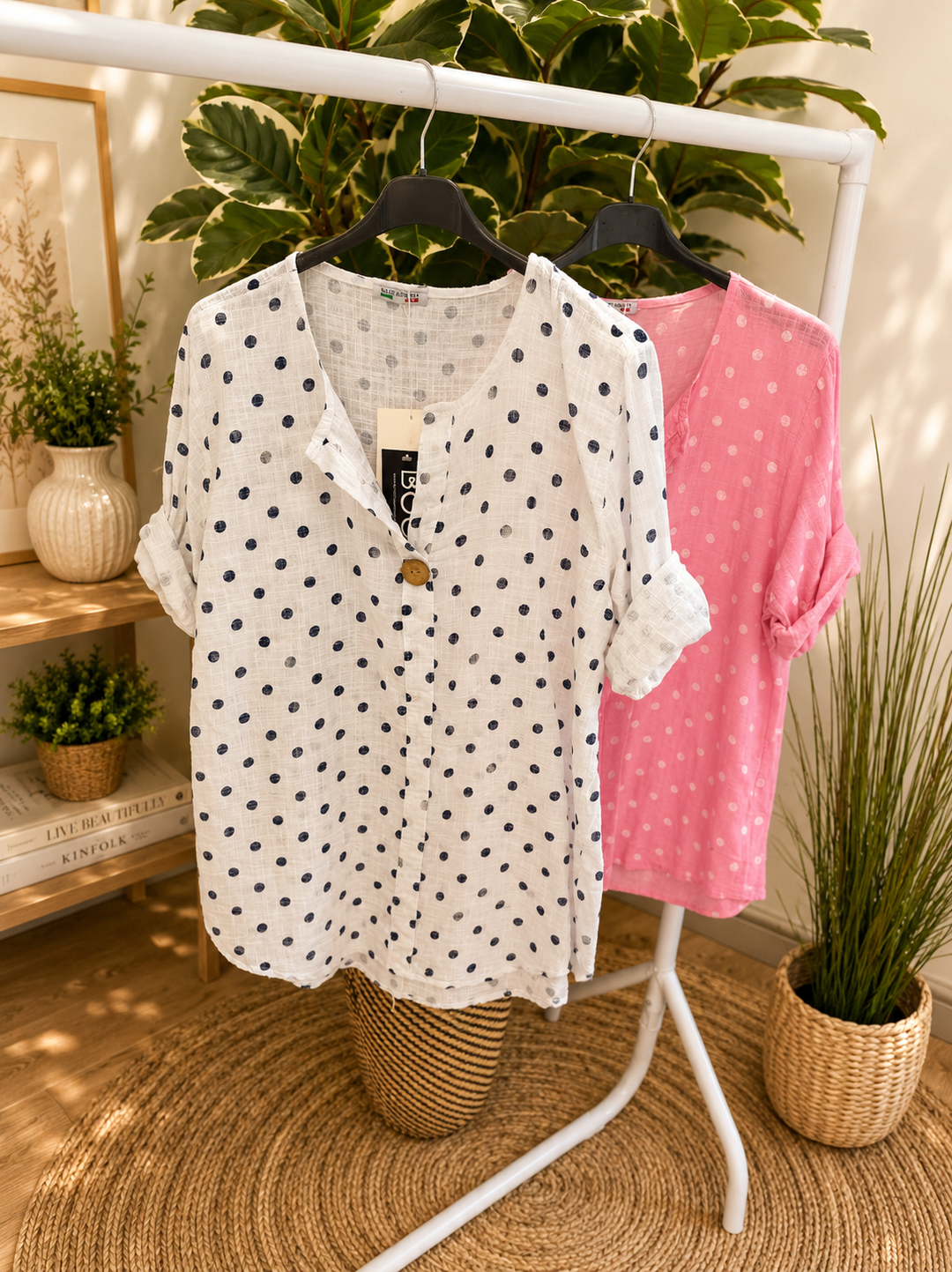 Ladies Polka Dot Light Linen Grandad Top - White & Pink