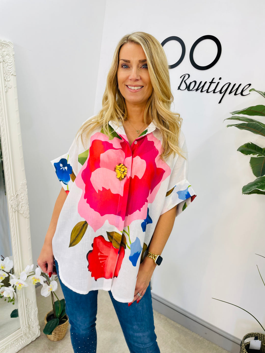 LADIES WOMENS LINEN OVERSIZE POPPY PRINT SHIRT TOP