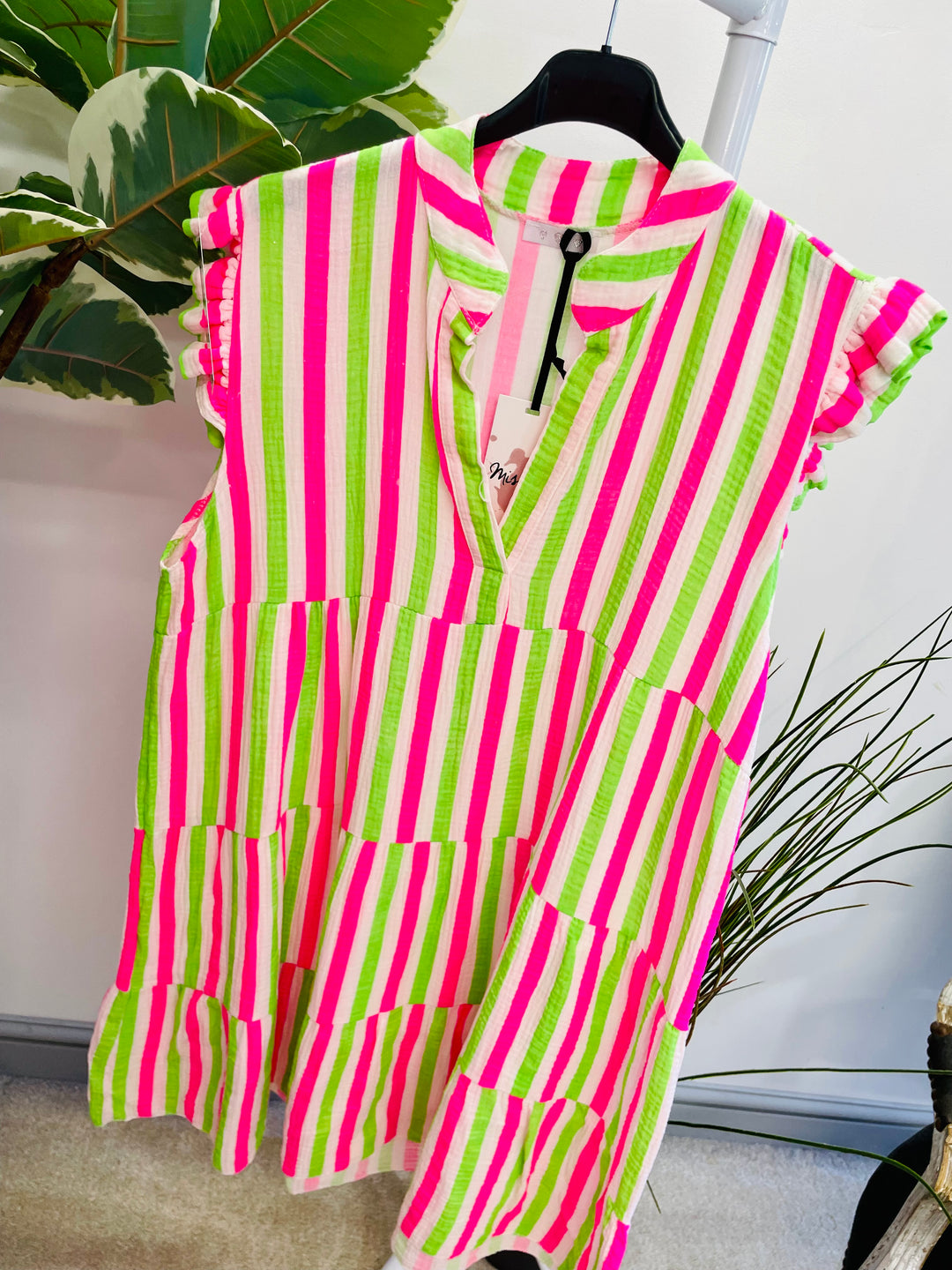 LADIES STRIPE SWING SMOCK SUMMER MIDI DRESS - PINK & WHITE
