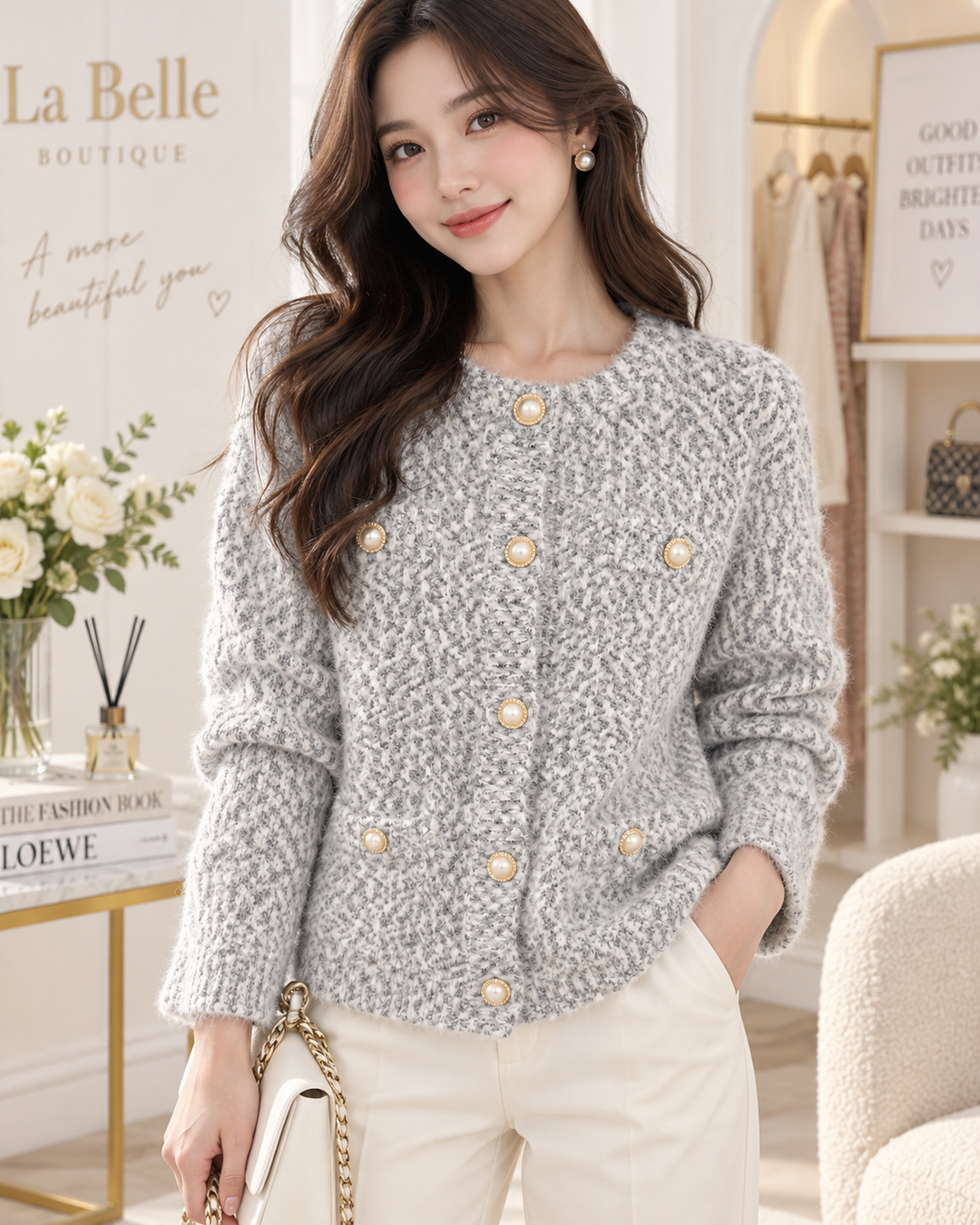 Ladies Fashion Soft Fluffy White Cardigan Jumper - Black & Brown fleck