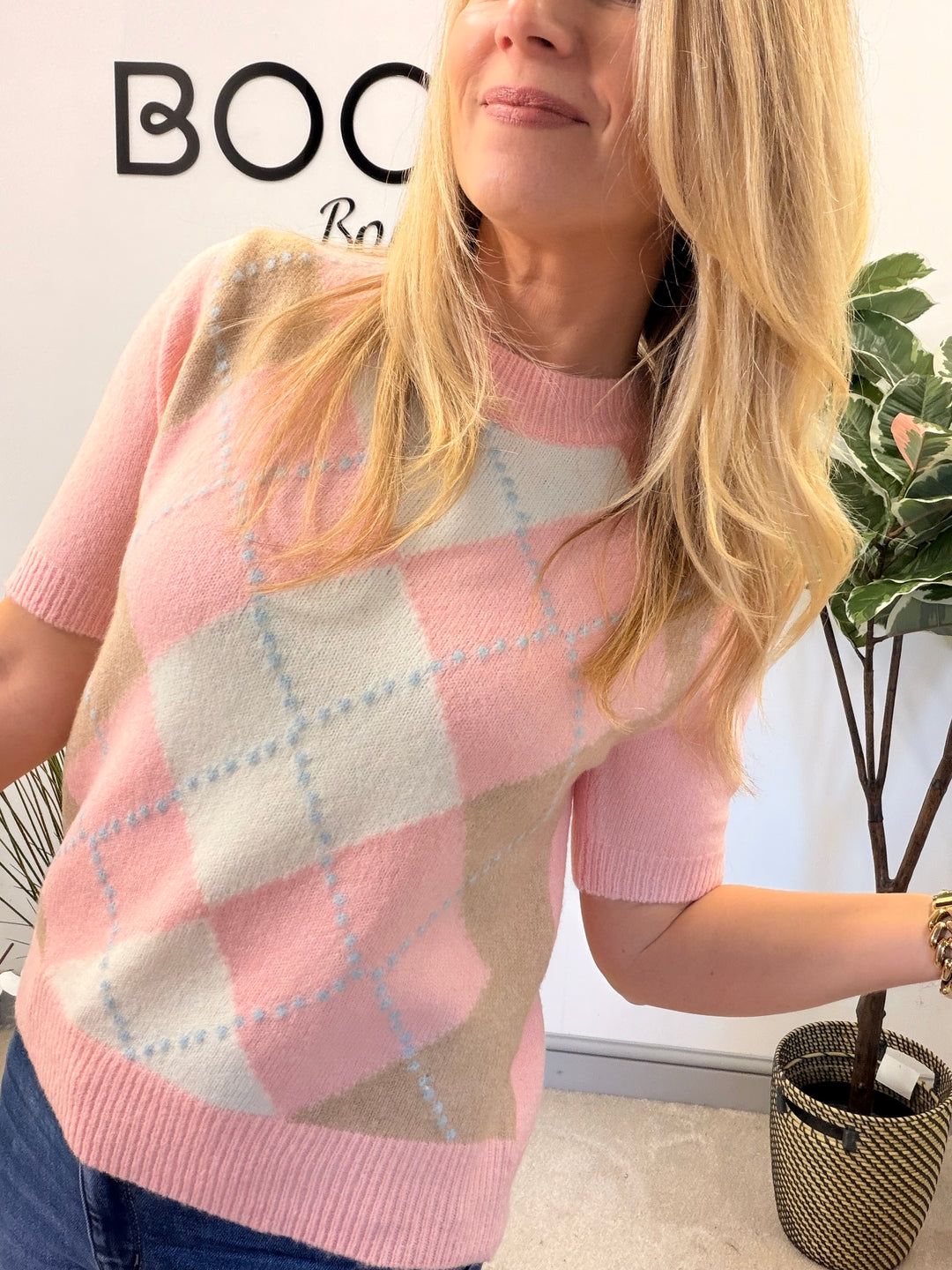 LADIES ARGYLE KNIT SHORT SLEEVE JUMPER - CREAM, BLUE, PINK