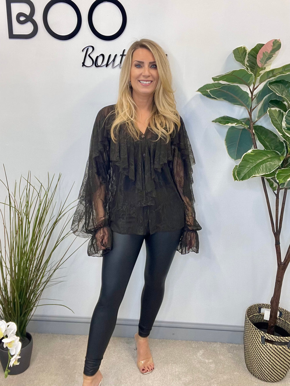 LADIES SHEER NET FRILL BLOUSE SHIRT - BLACK & BROWN