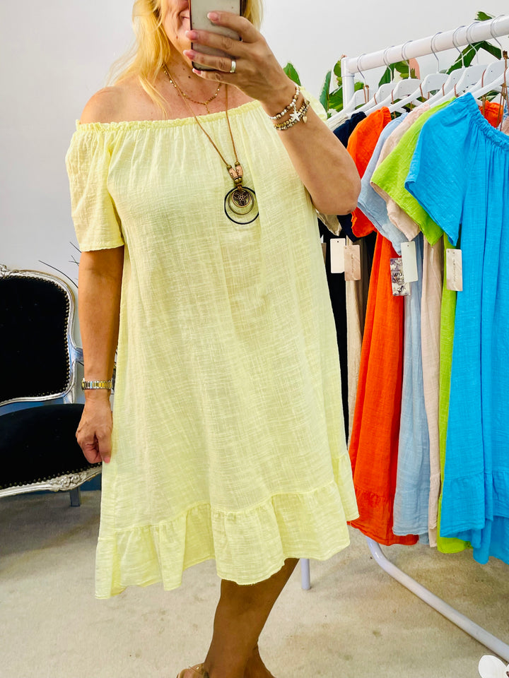 LADIES COTTON SUMMER BARDOT DRESS - BLACK, NAVY, PINK, LEMON, ORANGE, BLUE & LIME