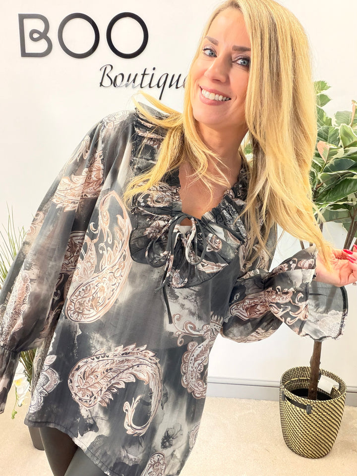 LADIES COTTON PAISLEY PRINT FLOATY BLOUSE - PINK, BEIGE, BLUE, BLACK, MOCHA