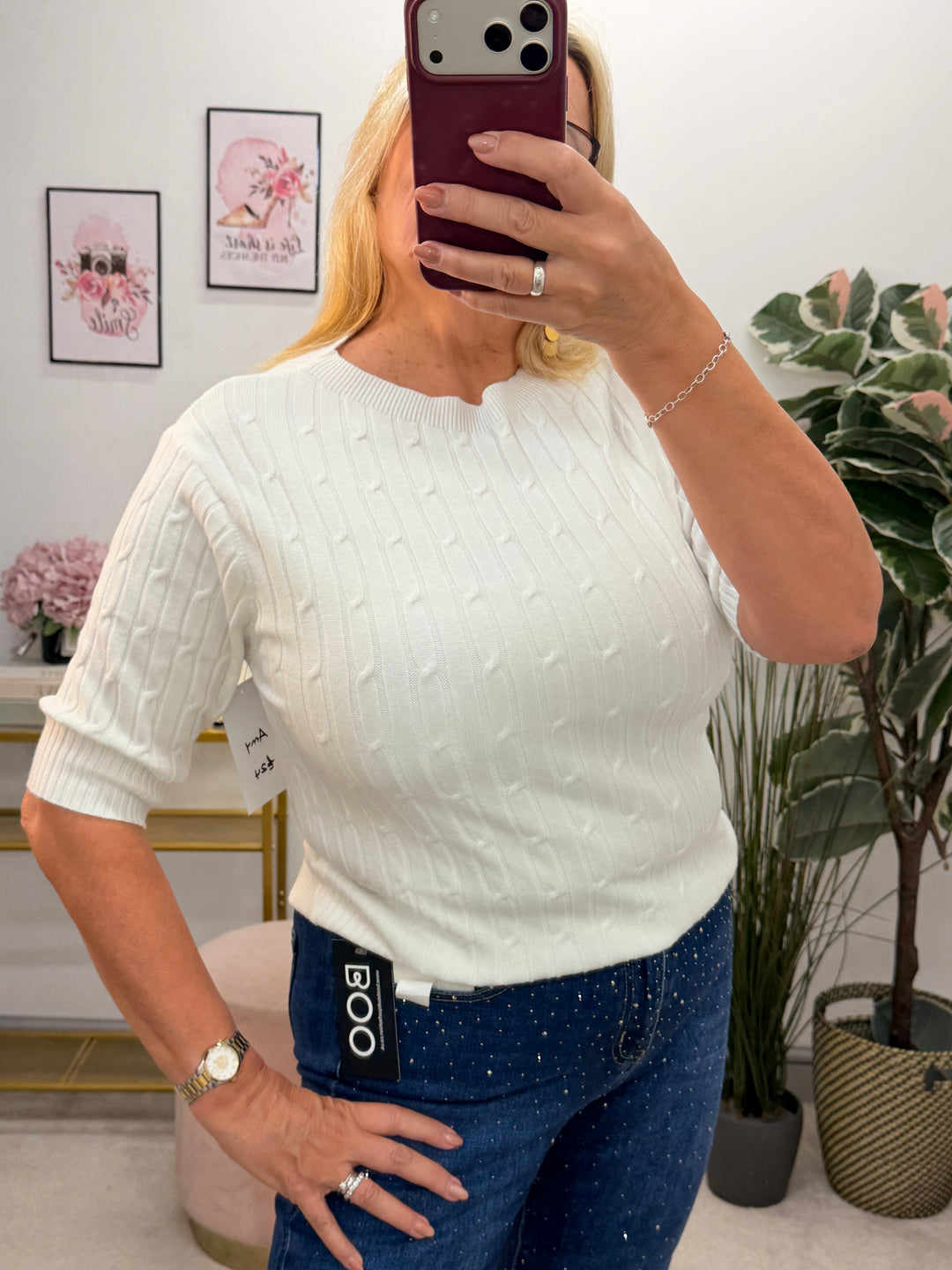 Ladies Inspired Cable Knit Short Sleeve Jumper - Blue, White, Wine, Camel, Brown