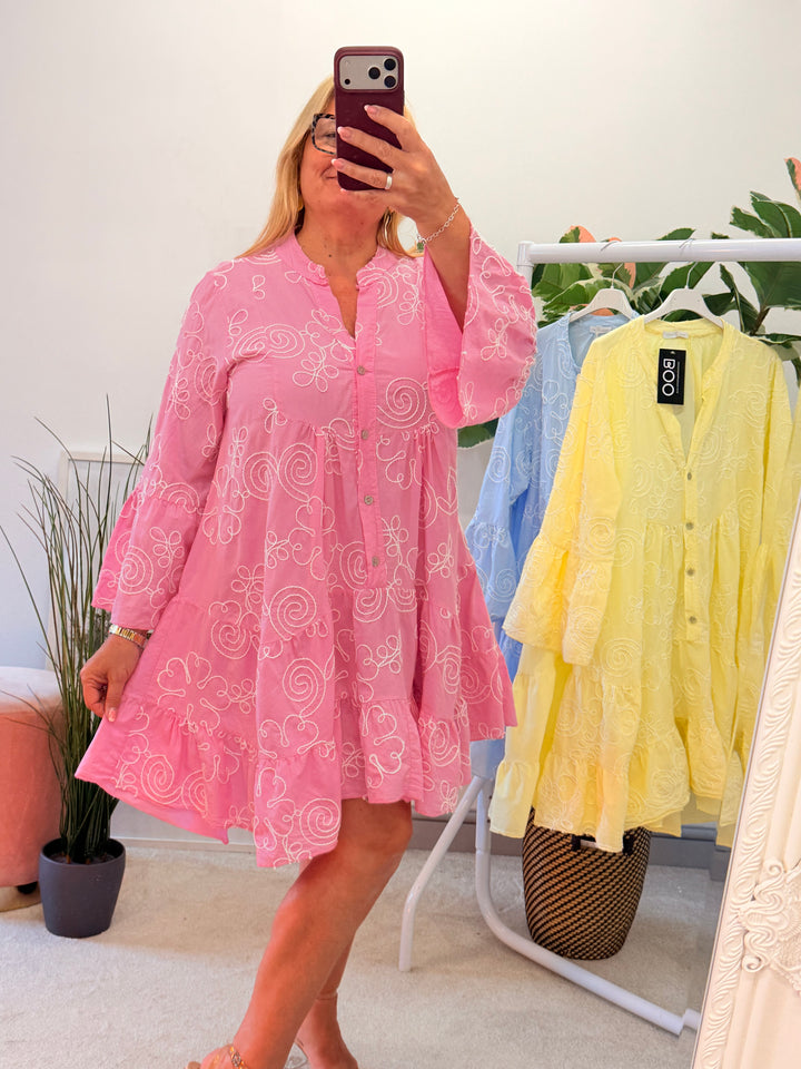 Ladies Cotton Swing Smock Summer Dress - pink, lemon, blue
