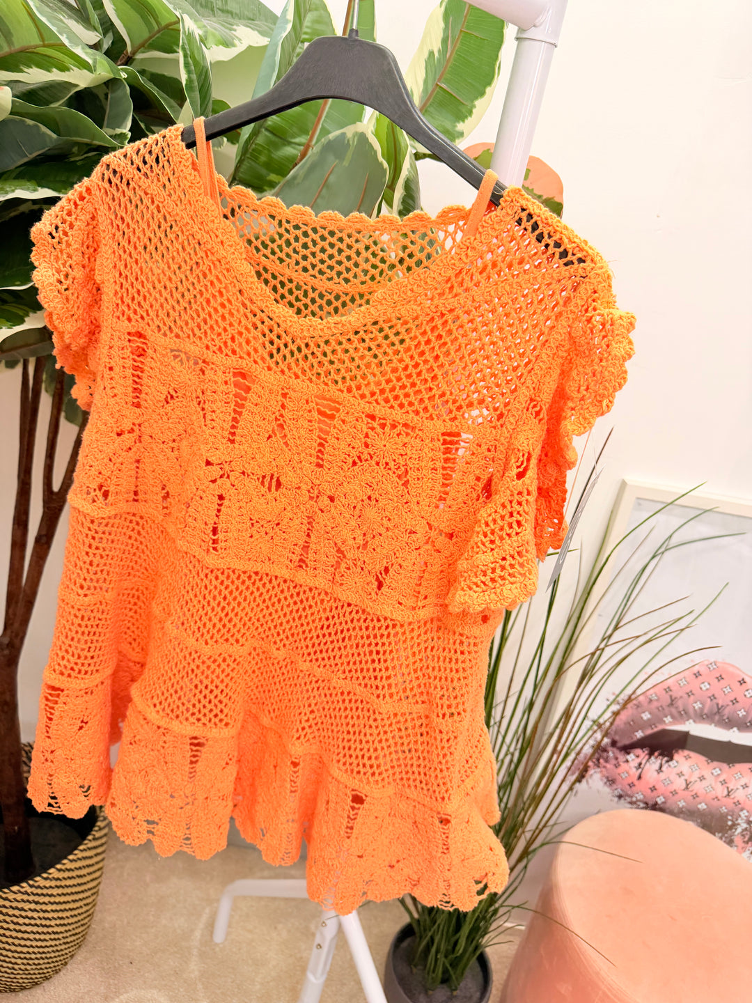 Ladies Pretty Crochet Top - lemon, white, blue, brown & coral 