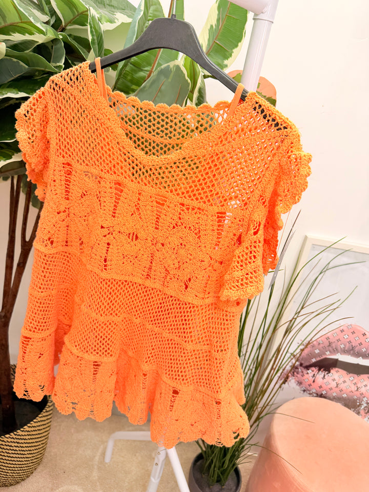 Ladies Pretty Crochet Top - lemon, white, blue, brown & coral 