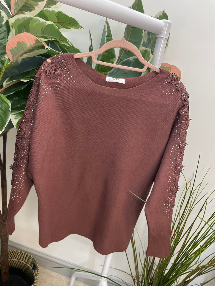 LADIES DIAMANTE SLEEVE BATWING JUMPER CHOCOLATE BROWN