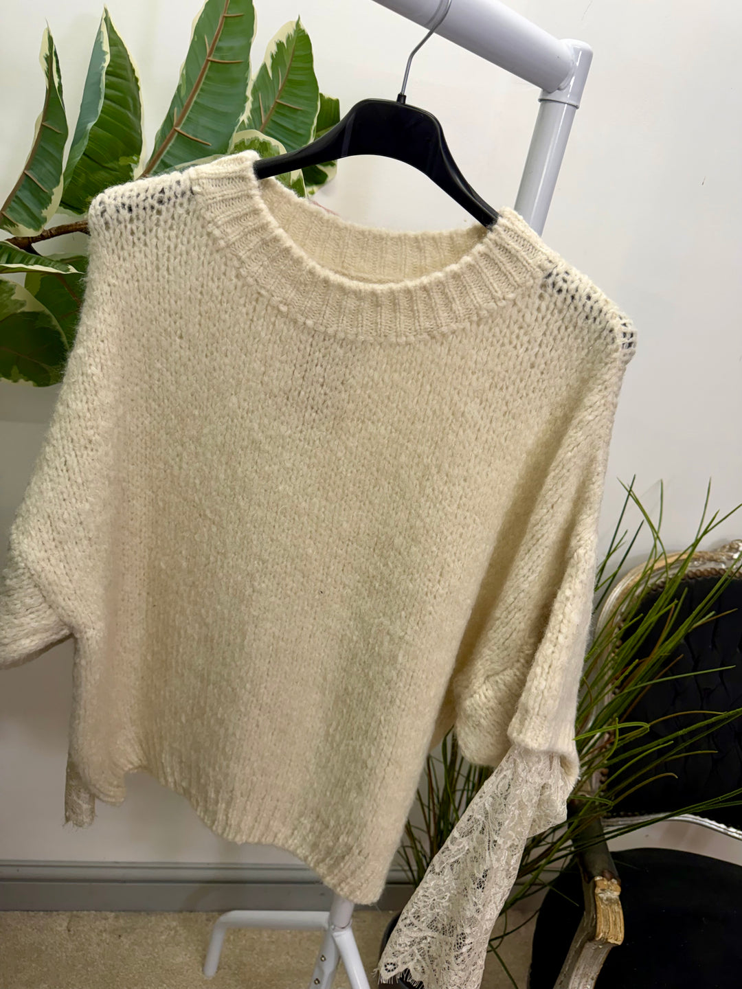 LADIES FASHION CHUNKY KNIT LACE SLEEVE JUMPER - PINK, BLUE, BEIGE, BLACK & BROWN