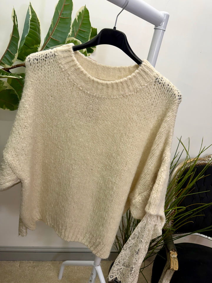 LADIES FASHION CHUNKY KNIT LACE SLEEVE JUMPER - PINK, BLUE, BEIGE, BLACK & BROWN