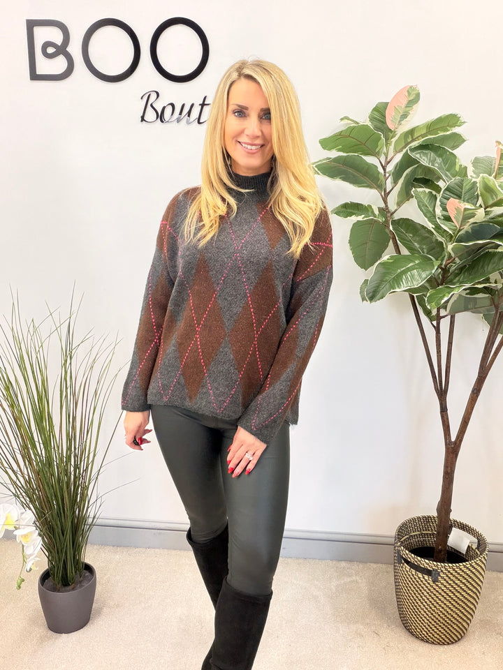 LADIES FASHION ARGYLE KNIT JUMPER - BERRY, PINK, GREY, PURPLE