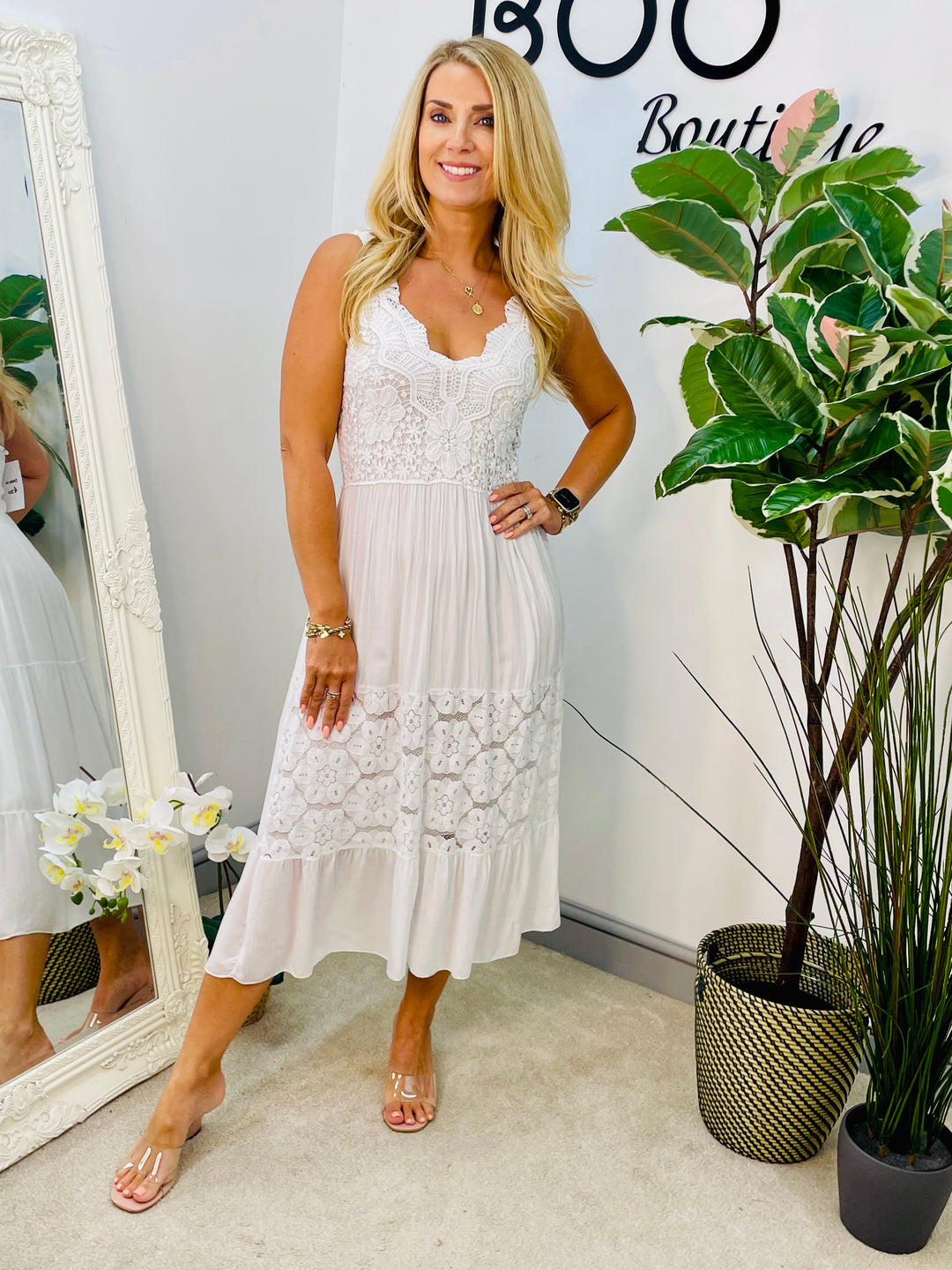 LADIES CROCHET BOHO FEMININE PRETTY SUMMER DRESS - BEIGE, WHITE & BROWN