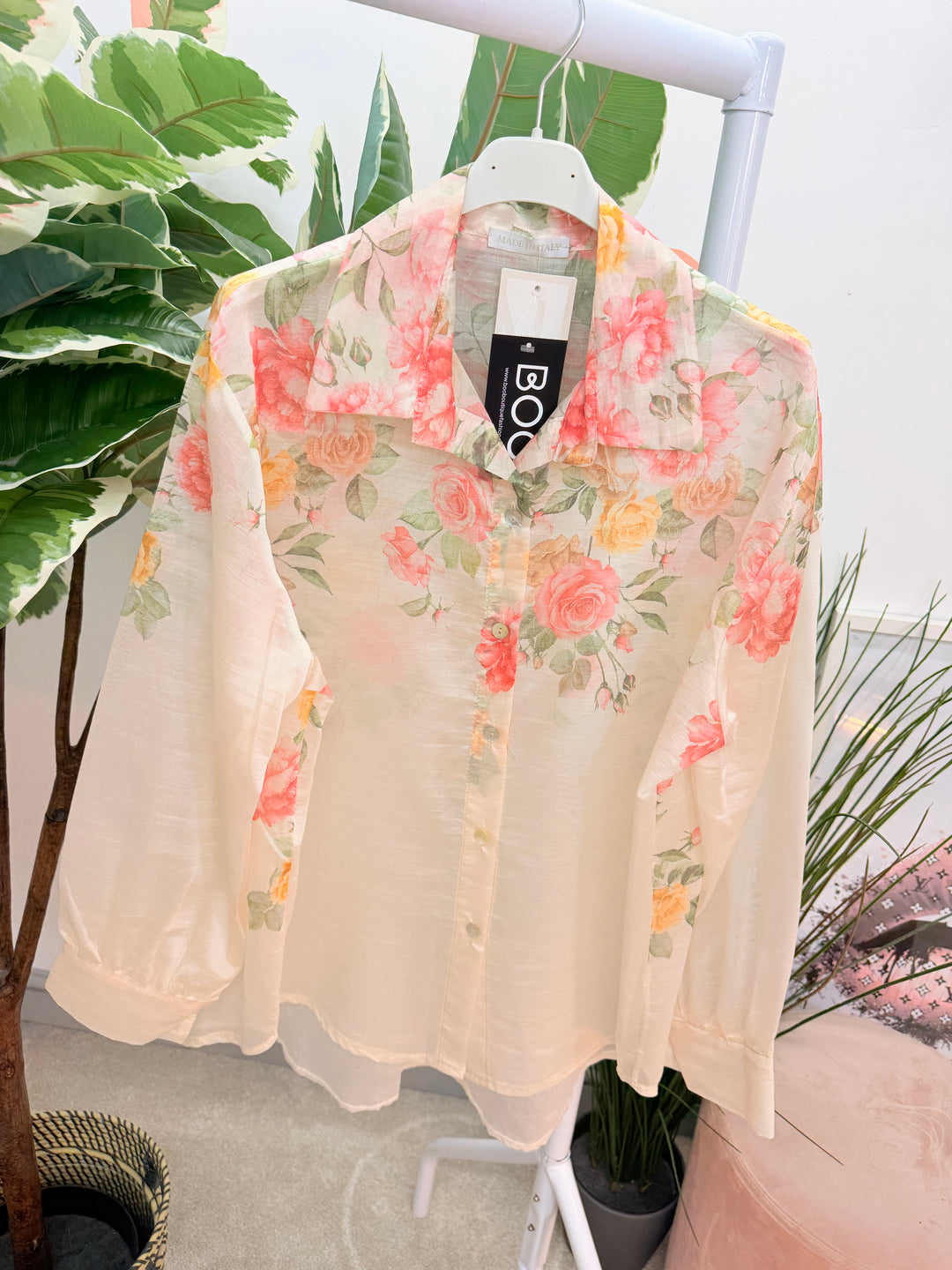 Ladies Fashion Floral Print Sheer Blouse Top - pink, lemon, blue