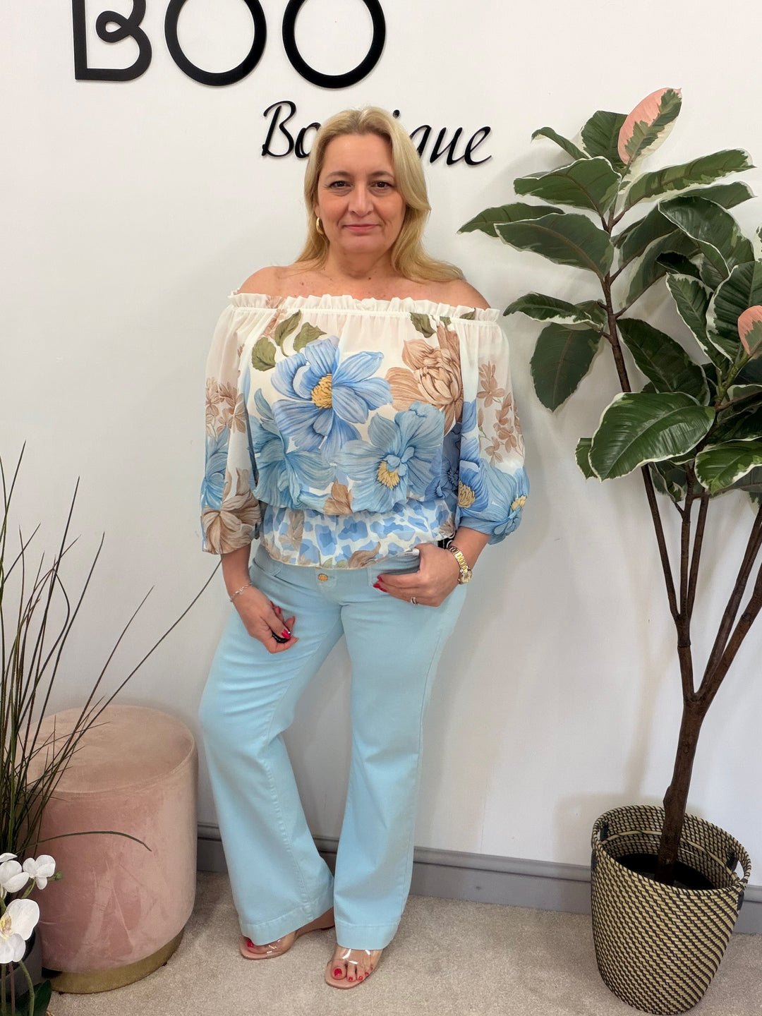 LADIES FASHION PALE BABY BLUE HIGH WAIST WIDE LEG JEANS