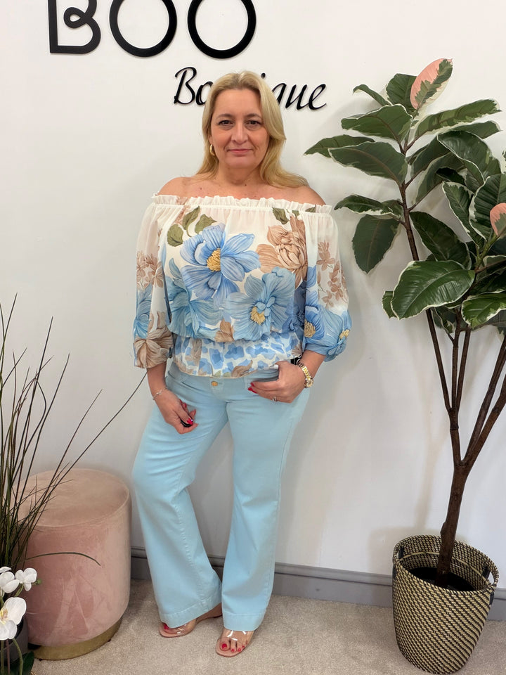 LADIES FASHION PALE BABY BLUE HIGH WAIST WIDE LEG JEANS