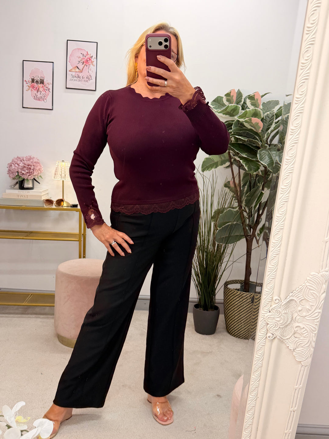Ladies Fashion Lace Edge Stretch Top Jumper - Camel, Black, Wine & Brown