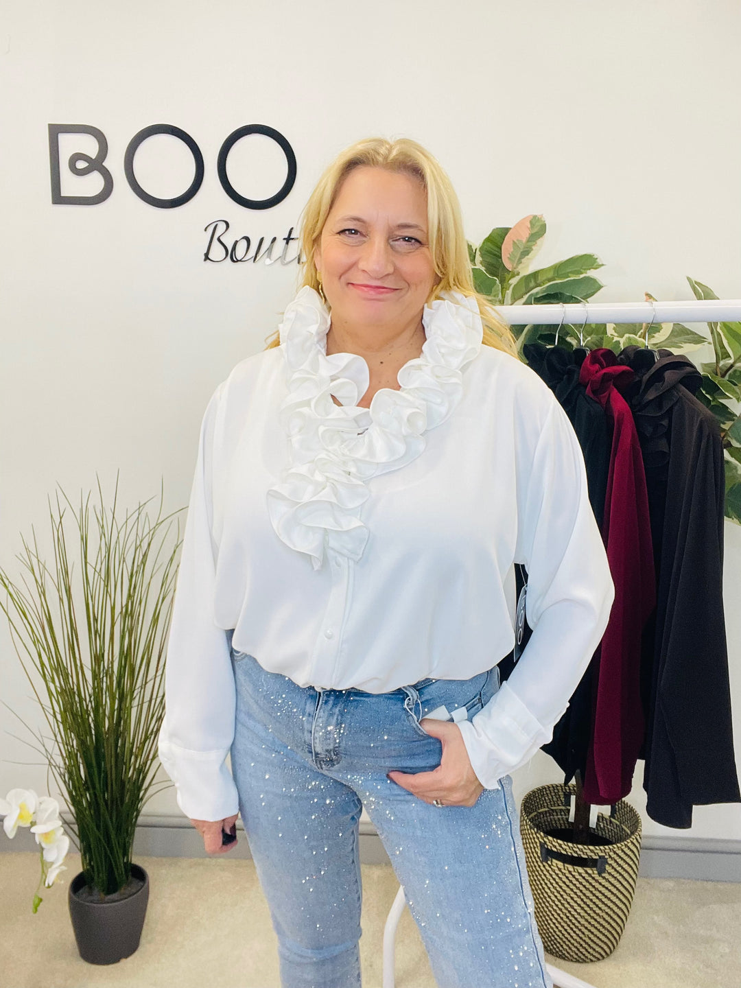 LADIES RUFFLE FRILL BLOUSE SHIRT - WHITE, BLACK, BROWN & BERRY