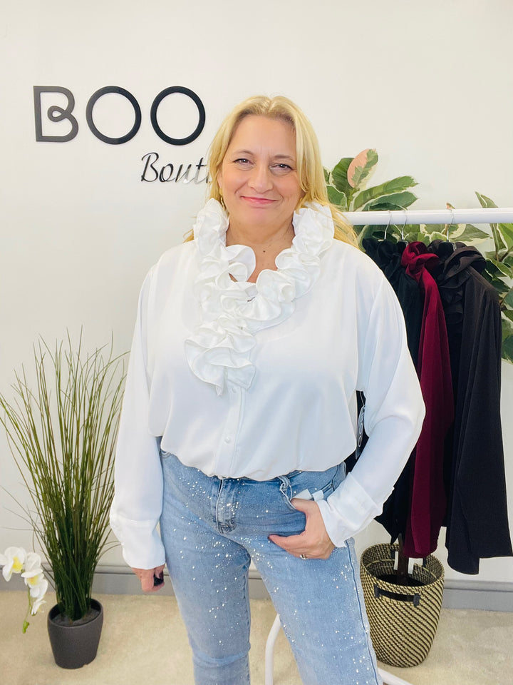 LADIES RUFFLE FRILL BLOUSE SHIRT - WHITE, BLACK, BROWN & BERRY